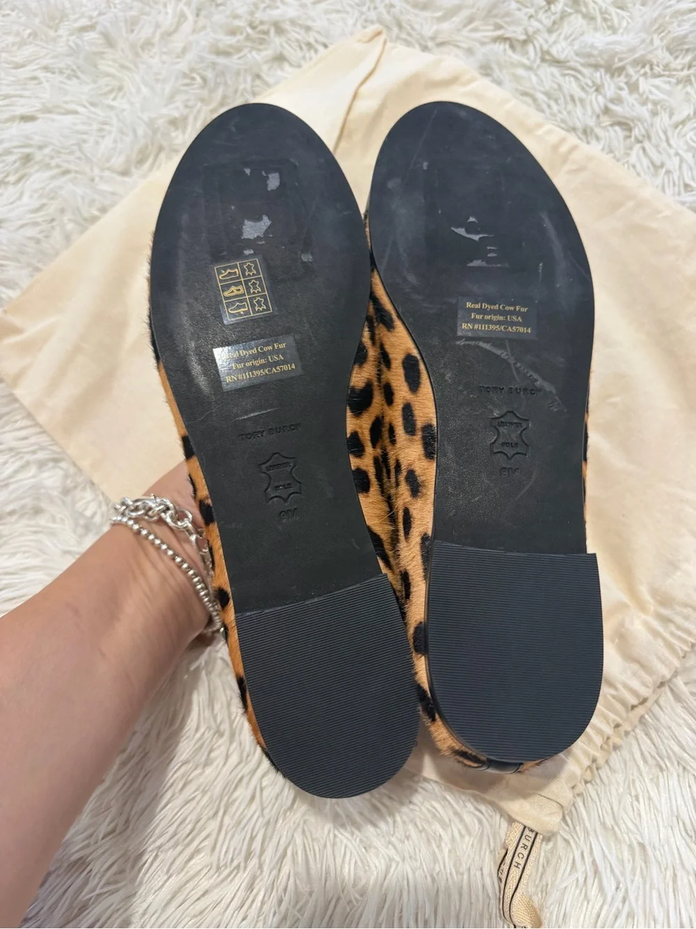 Tory Burch Cap-Toe Ballet Black and Brown Leopard Printed Hair Calf - Size 9 - N